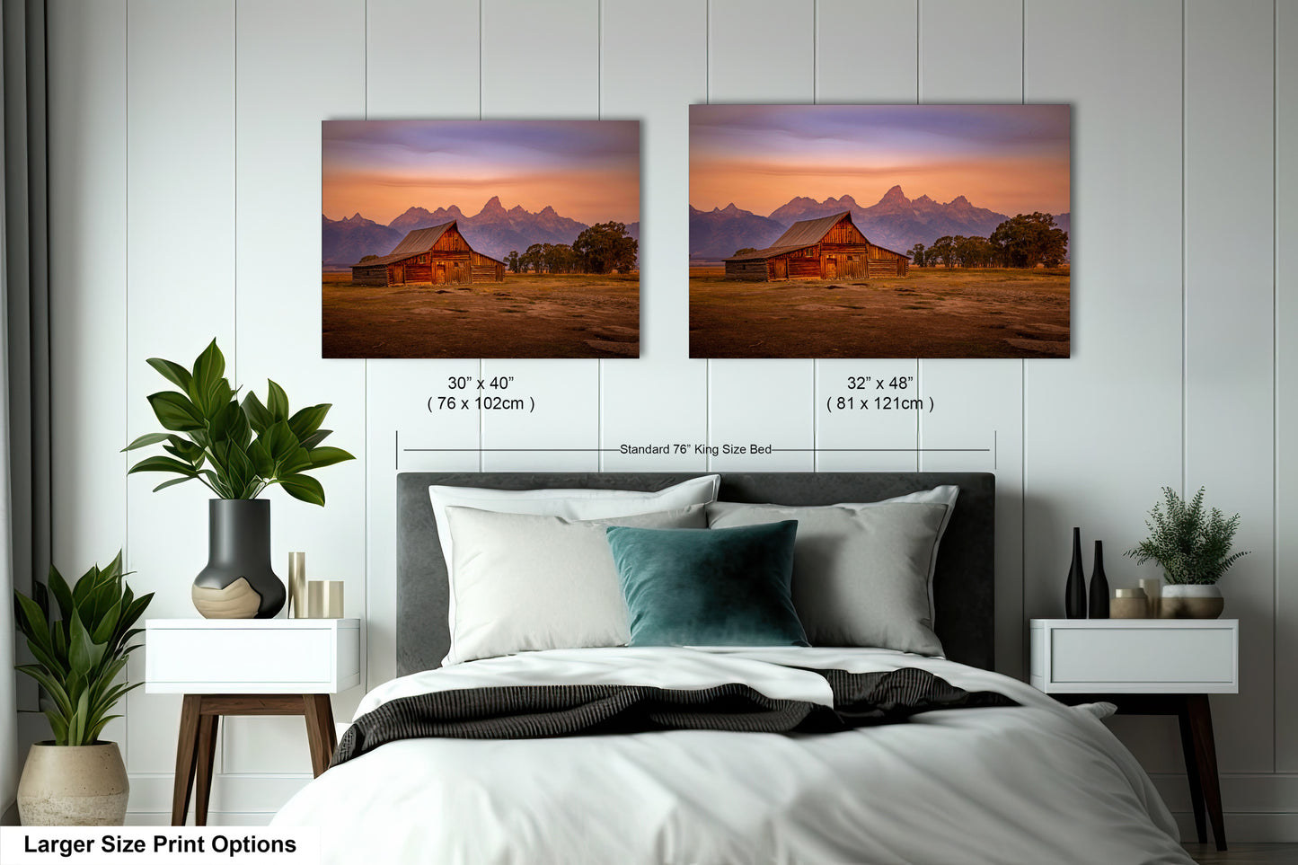 a bedroom with a bed and two pictures on the wall