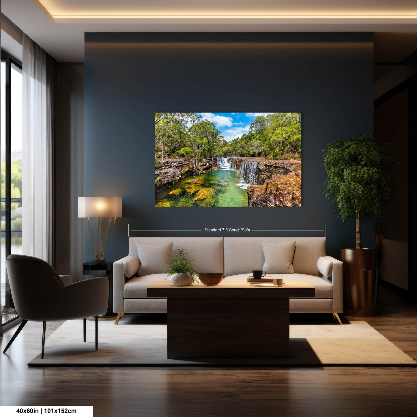 a living room with a large painting on the wall