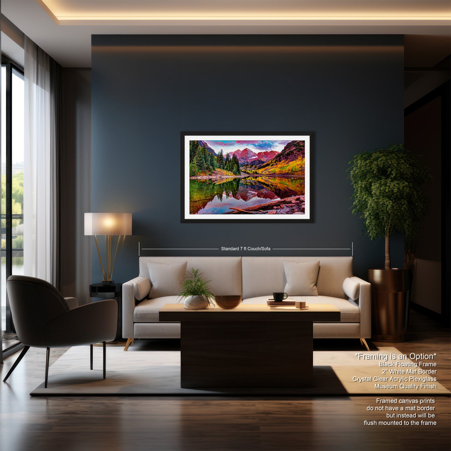 a living room with a couch a table and a painting on the wall