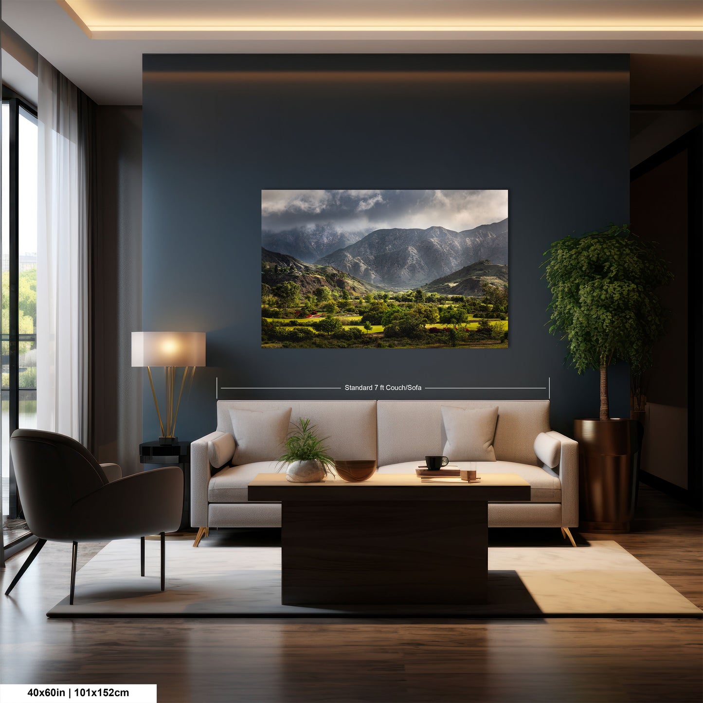 a living room with a large painting on the wall