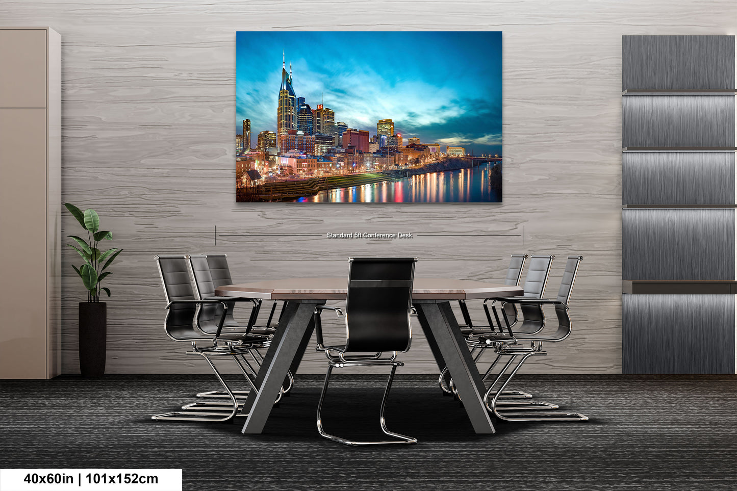 a painting of a city skyline on a wall