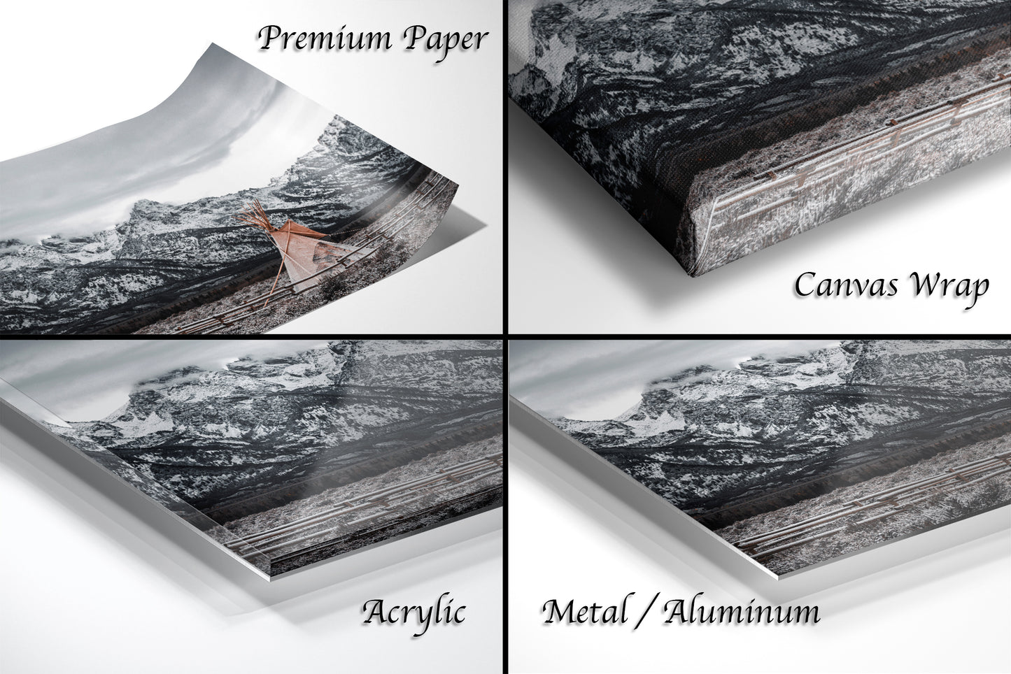 a series of four photos of a mountain range