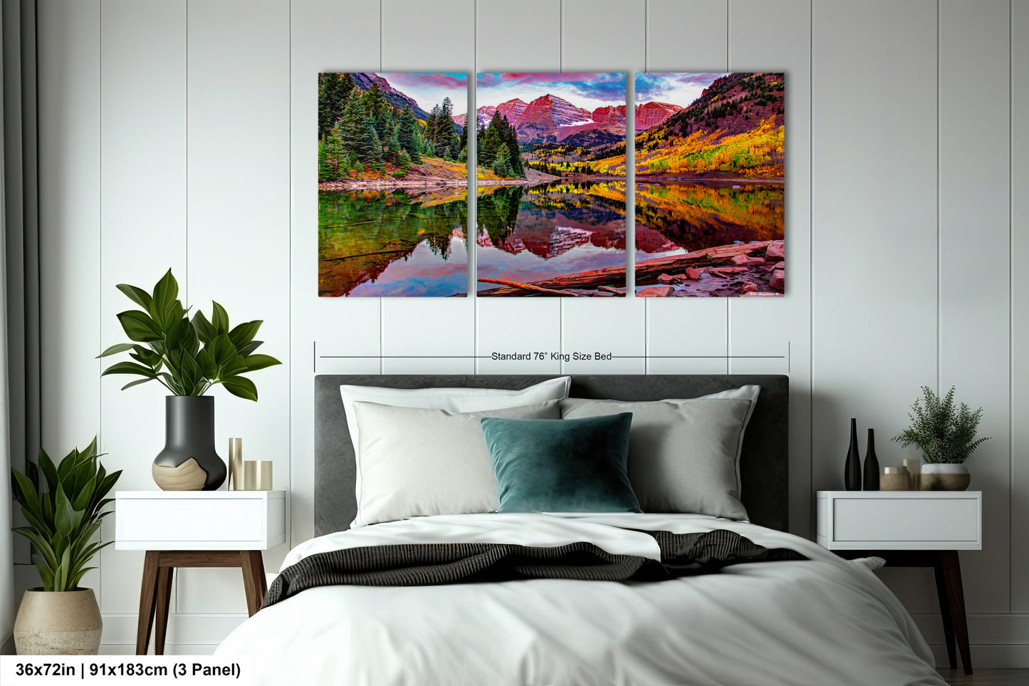 a bedroom with a bed and a painting on the wall
