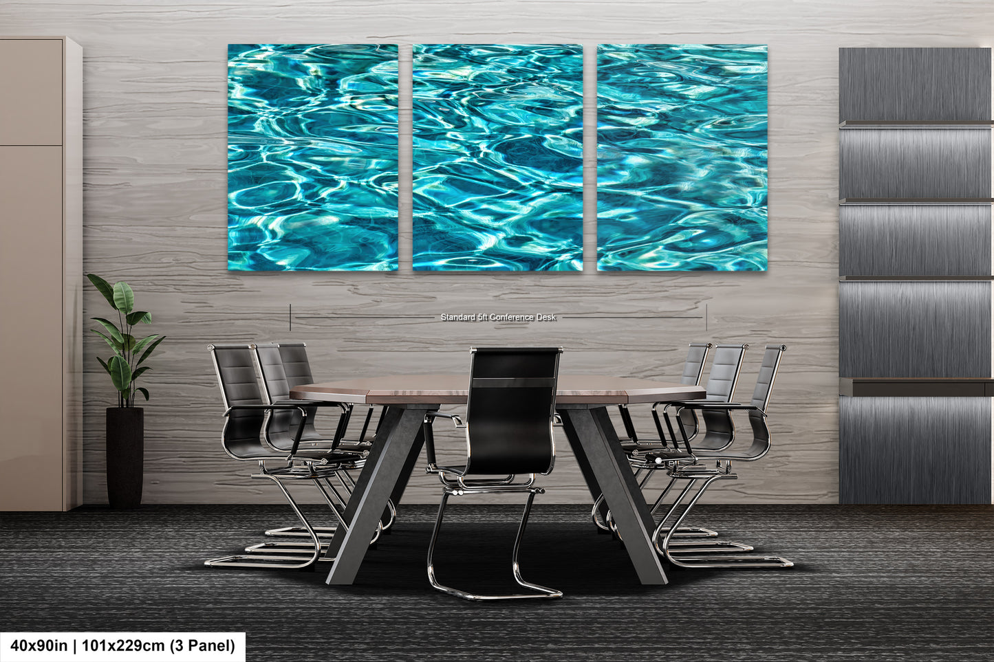 A modern office space with a large, abstract painting of water on the wall above a wooden table surrounded by chairs.