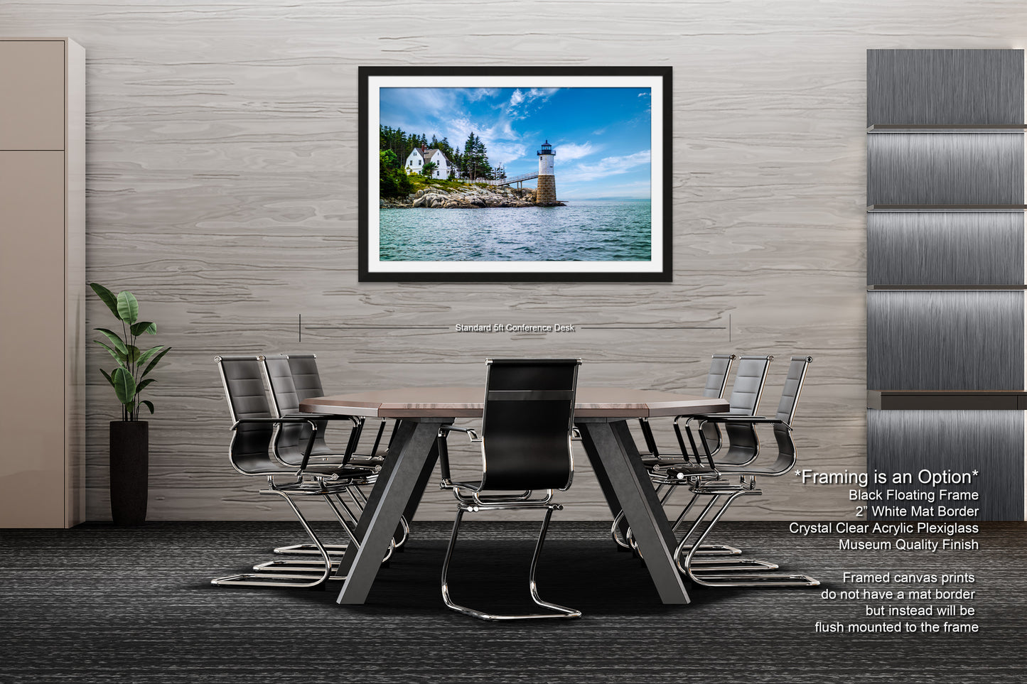 a dining room table with chairs and a picture hanging on the wall