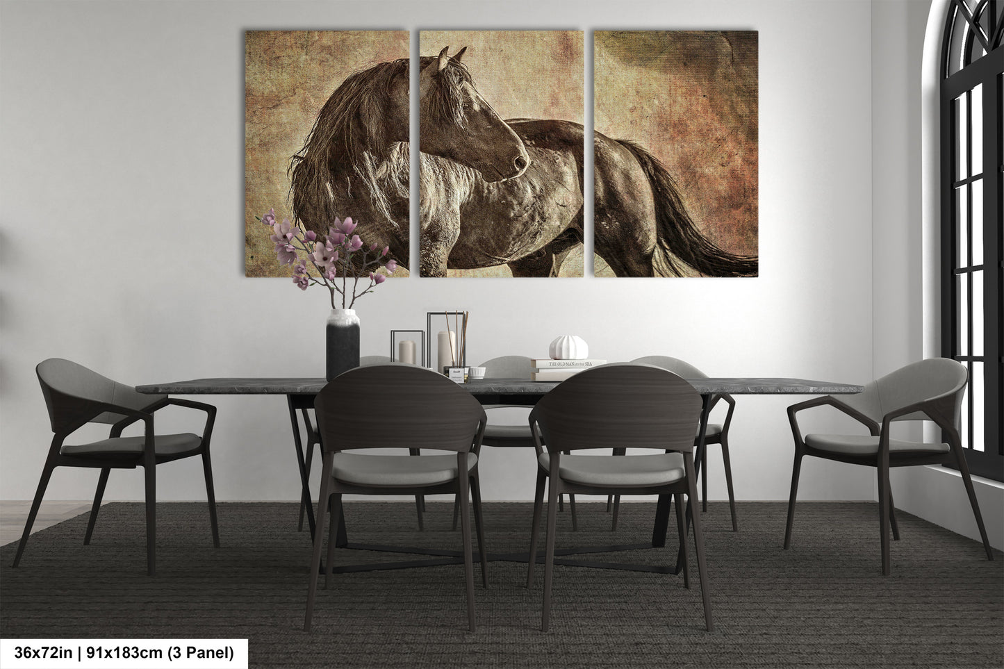 a painting of a horse on a wall in a dining room