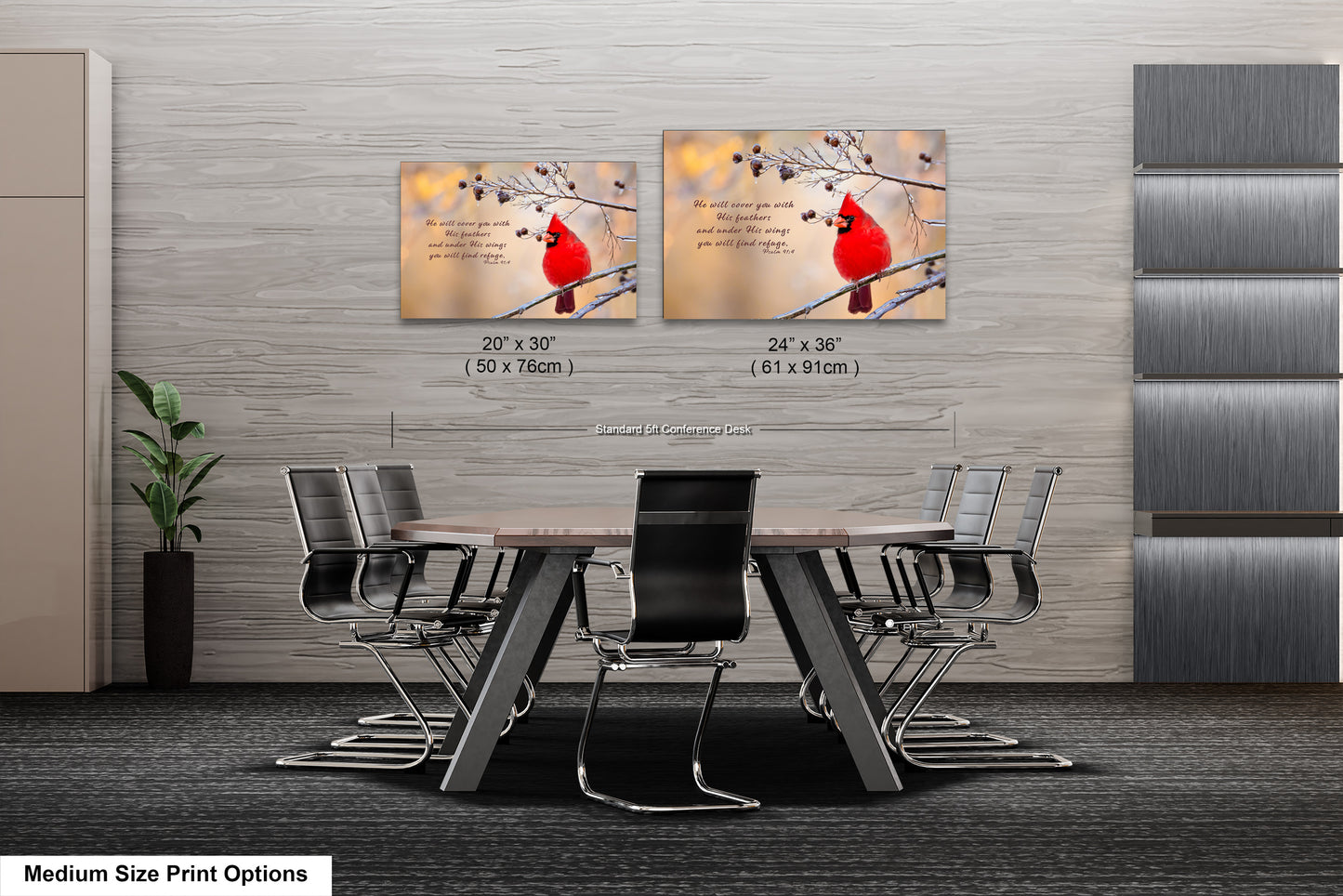 a dining room table with chairs and two pictures of birds on it
