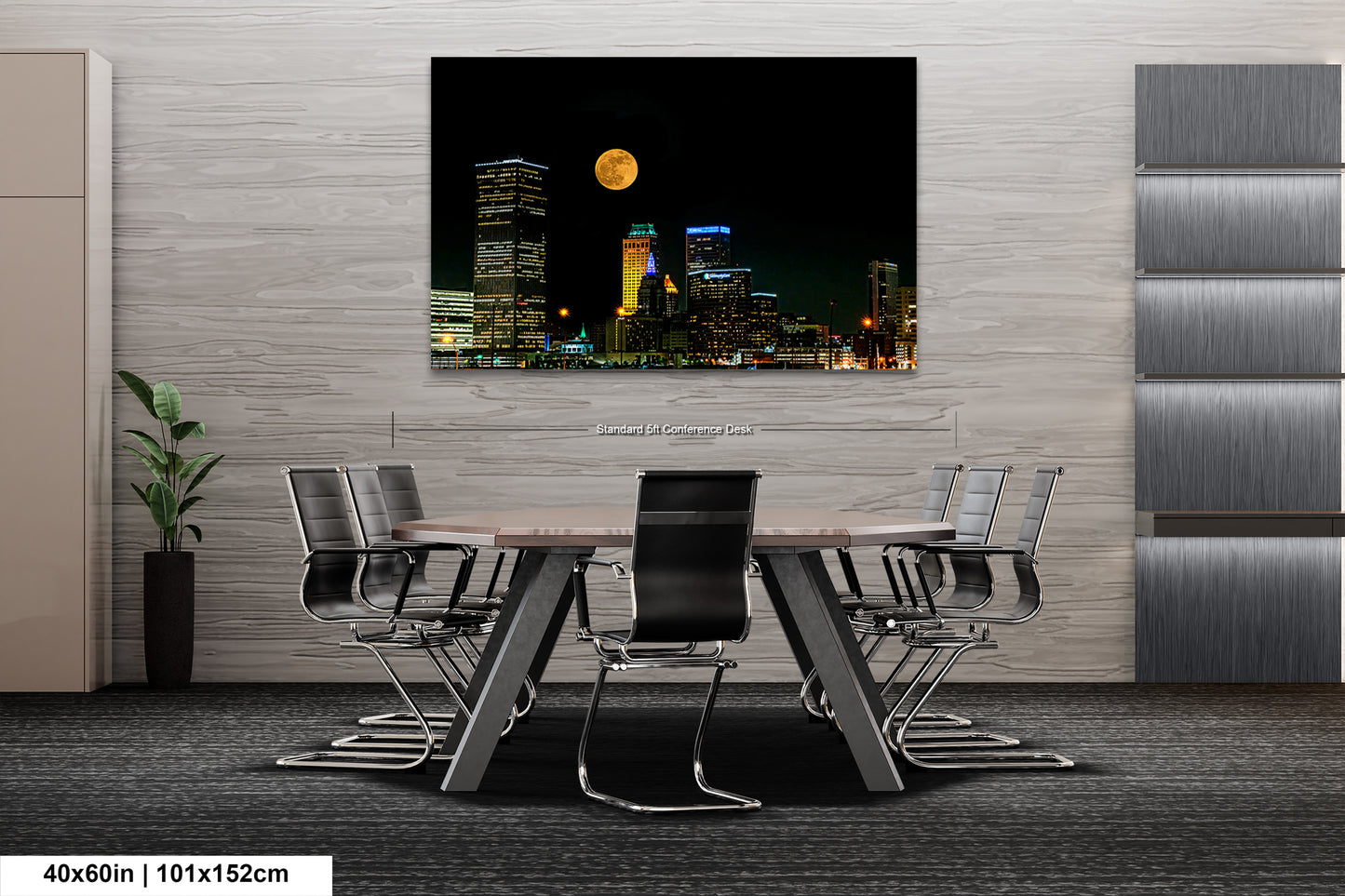 a picture of a city at night with a full moon