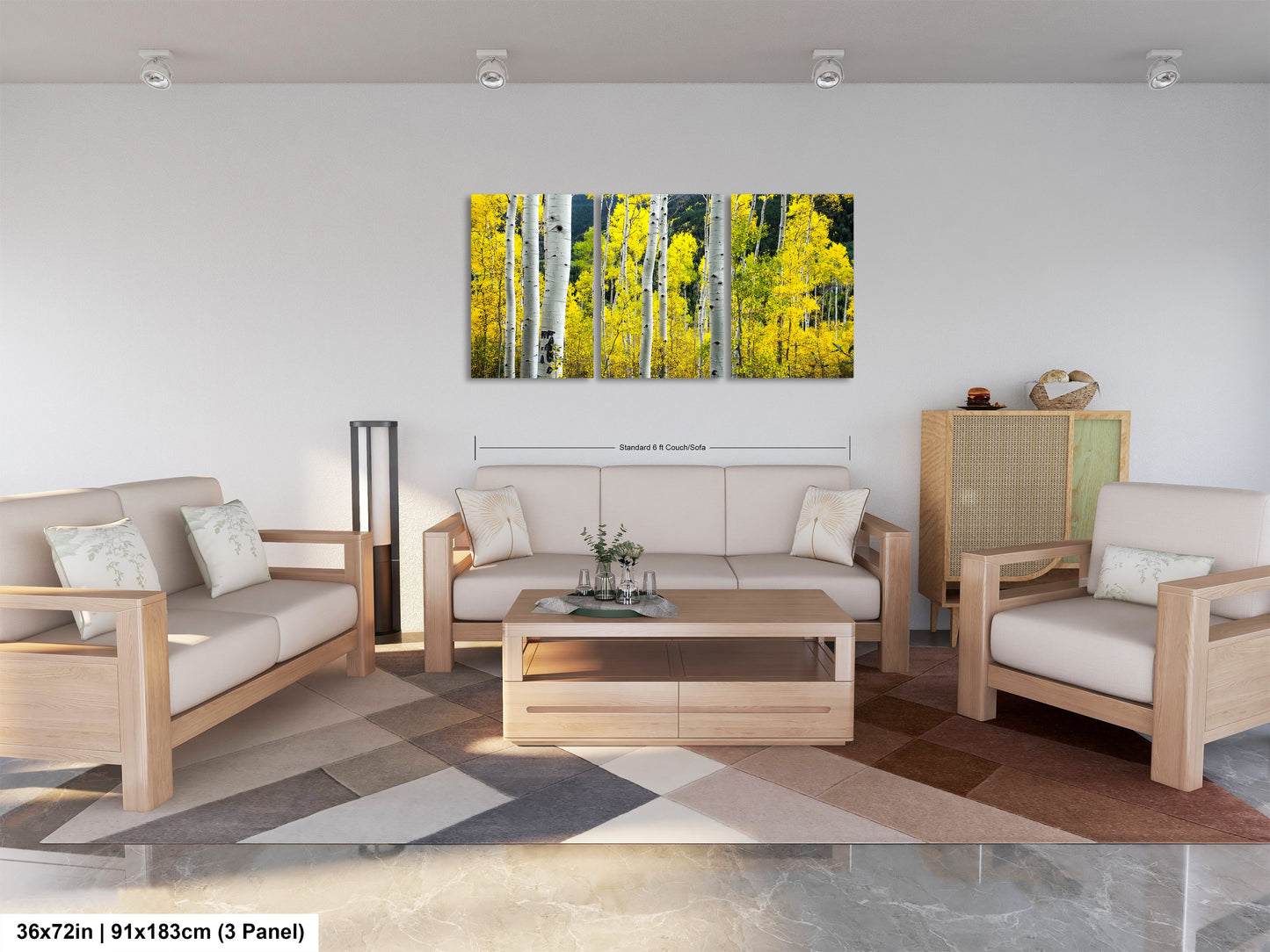a living room filled with furniture and a painting on the wall
