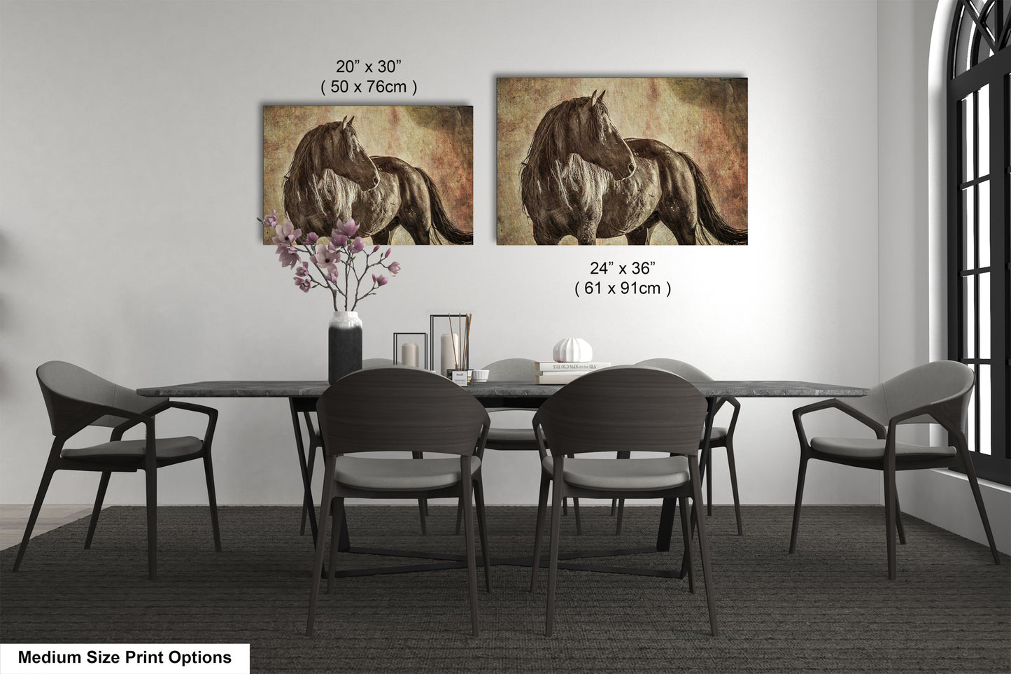 a dining table with four chairs and a vase of flowers