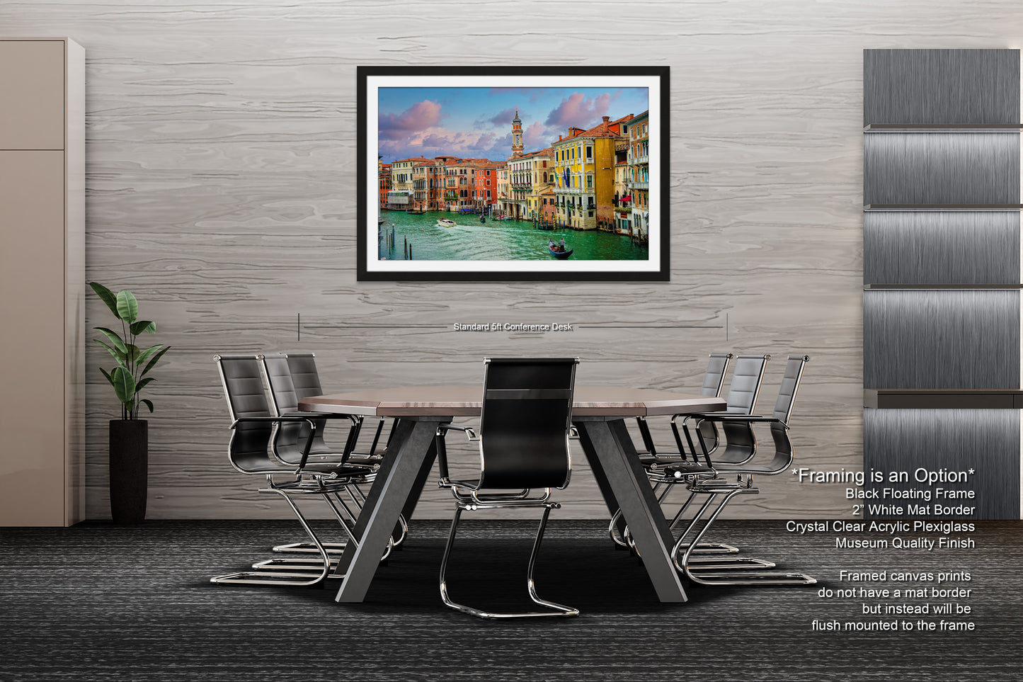 a dining room table with chairs and a painting on the wall