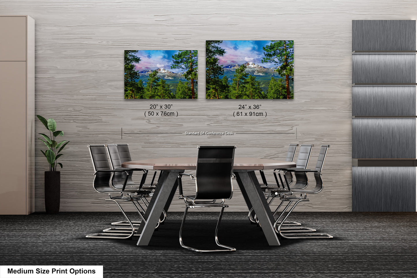 a dining room table with chairs and two pictures on the wall