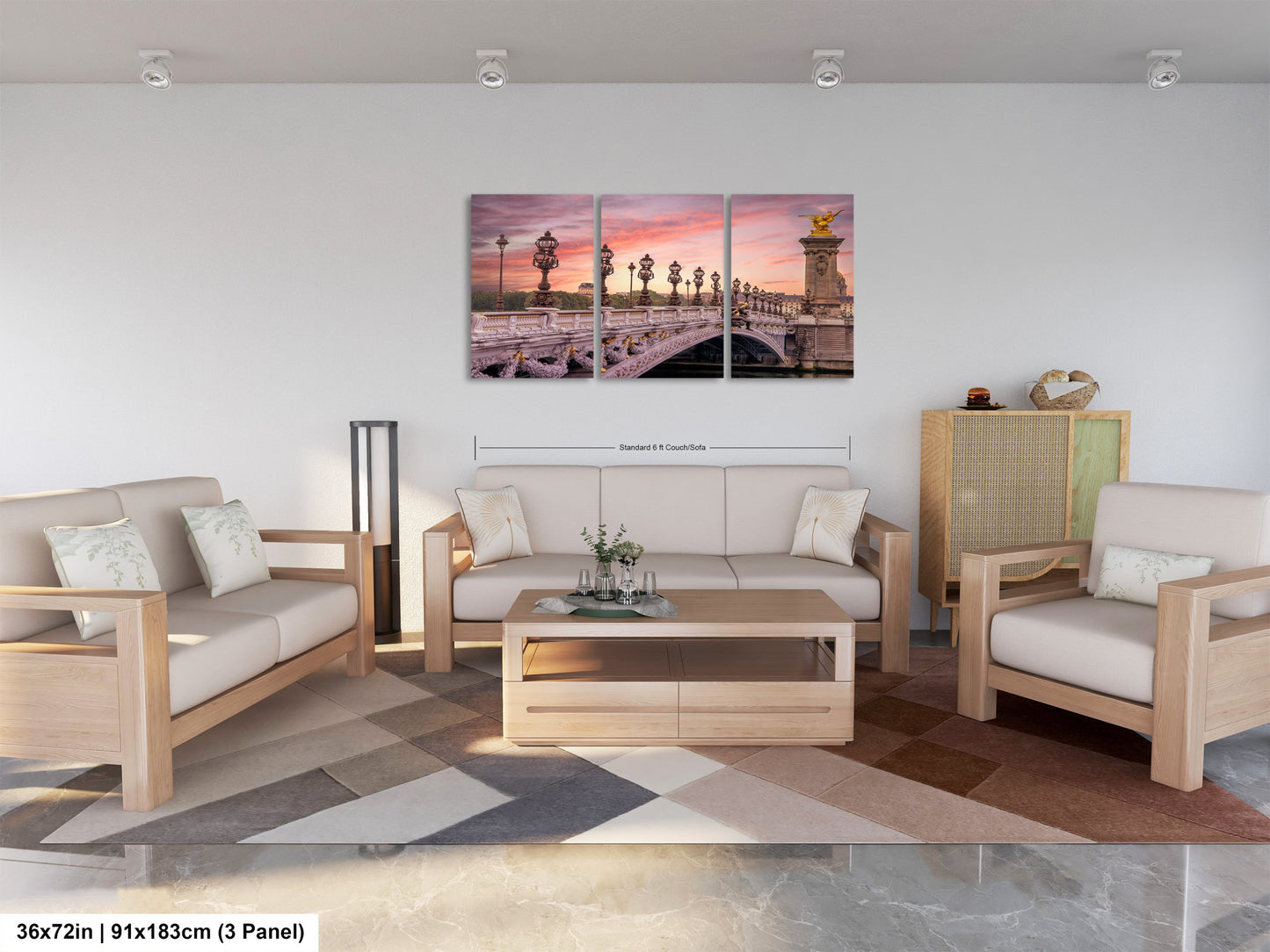 a living room filled with furniture and a painting on the wall