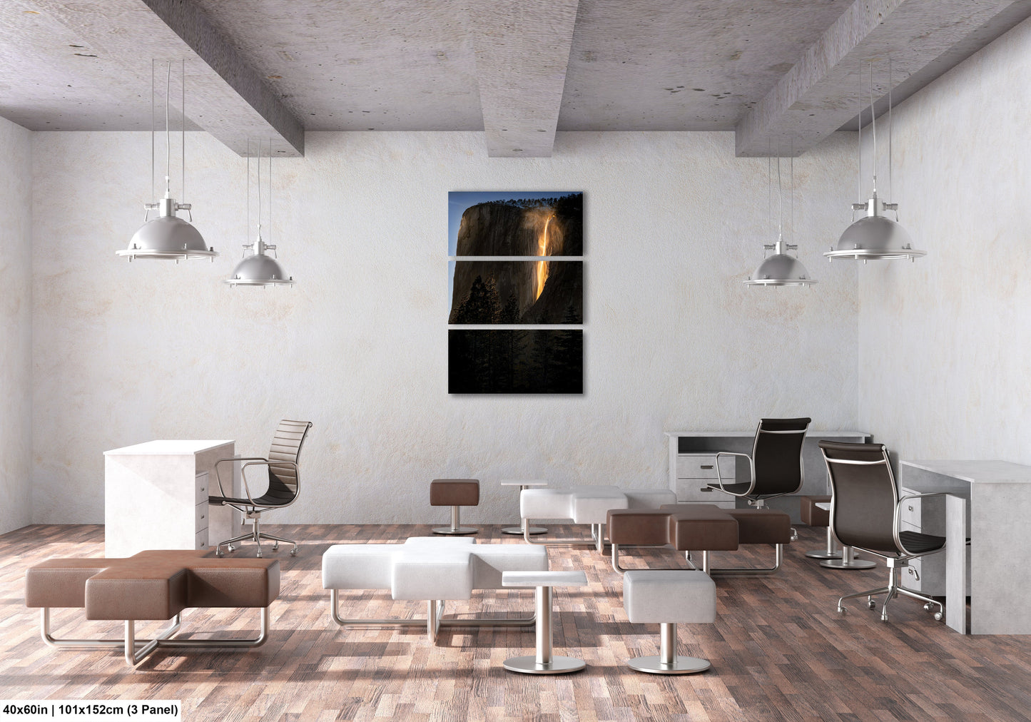 a room with a lot of chairs and a painting on the wall