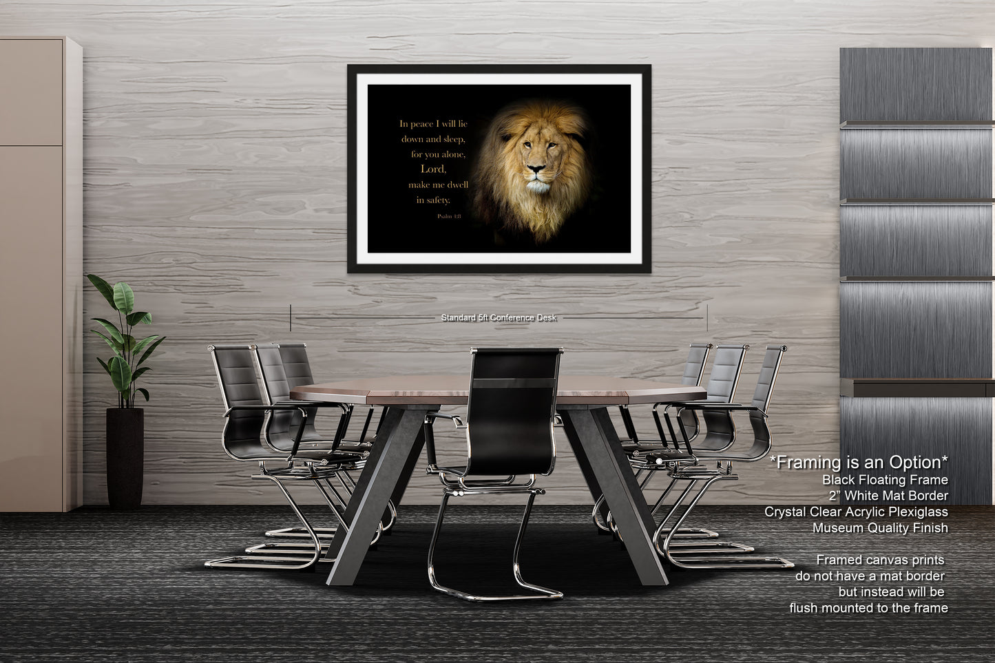 a picture of a lion on a wall above a table