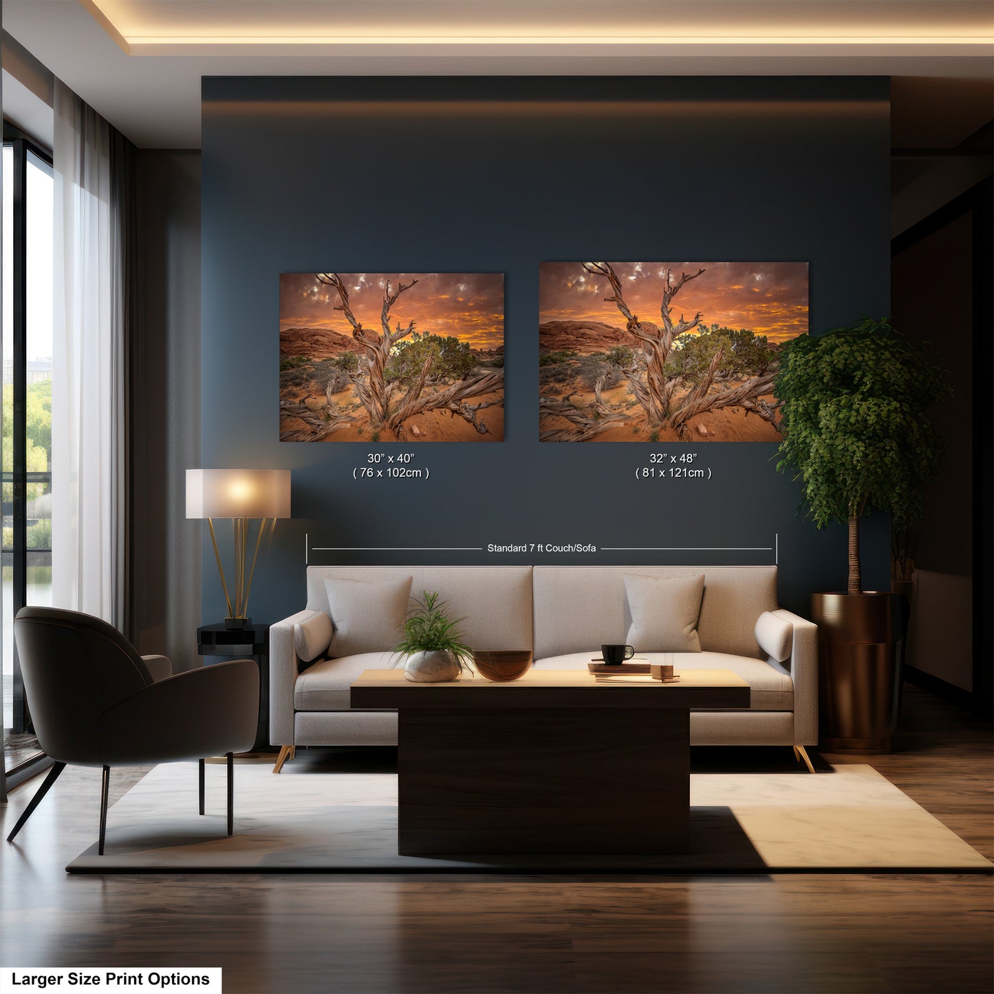 a living room with two paintings on the wall