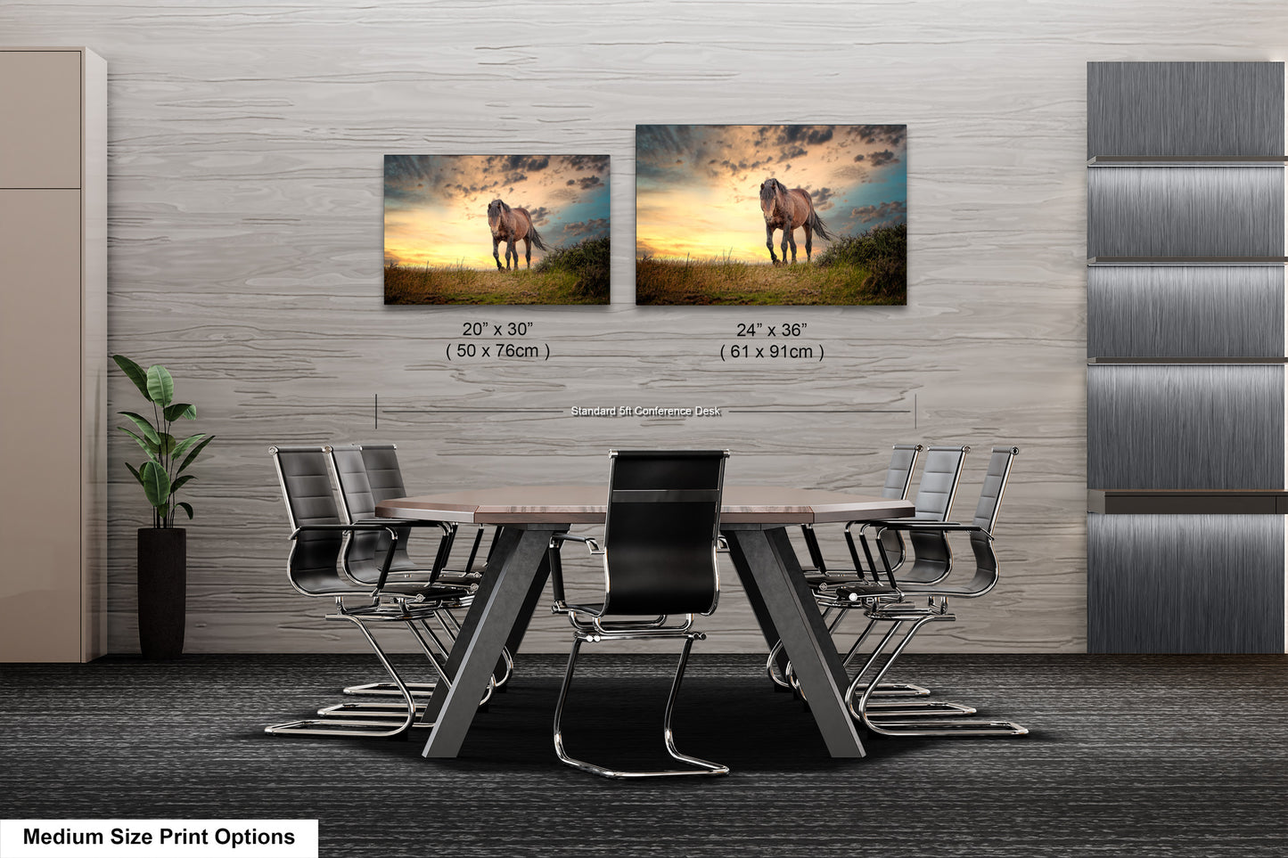 a dining room table with chairs and two pictures on the wall