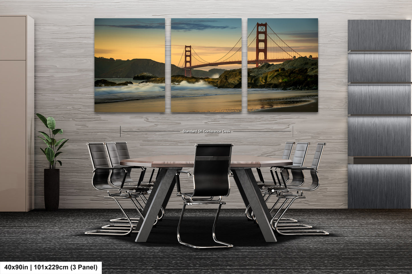 a dining room table with a view of the golden gate bridge