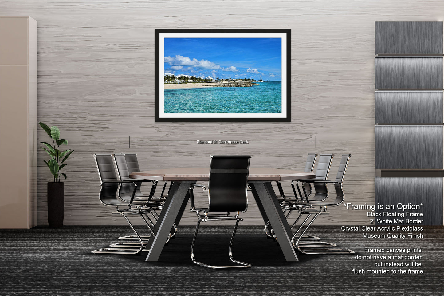 a dining room table with chairs and a picture hanging on the wall