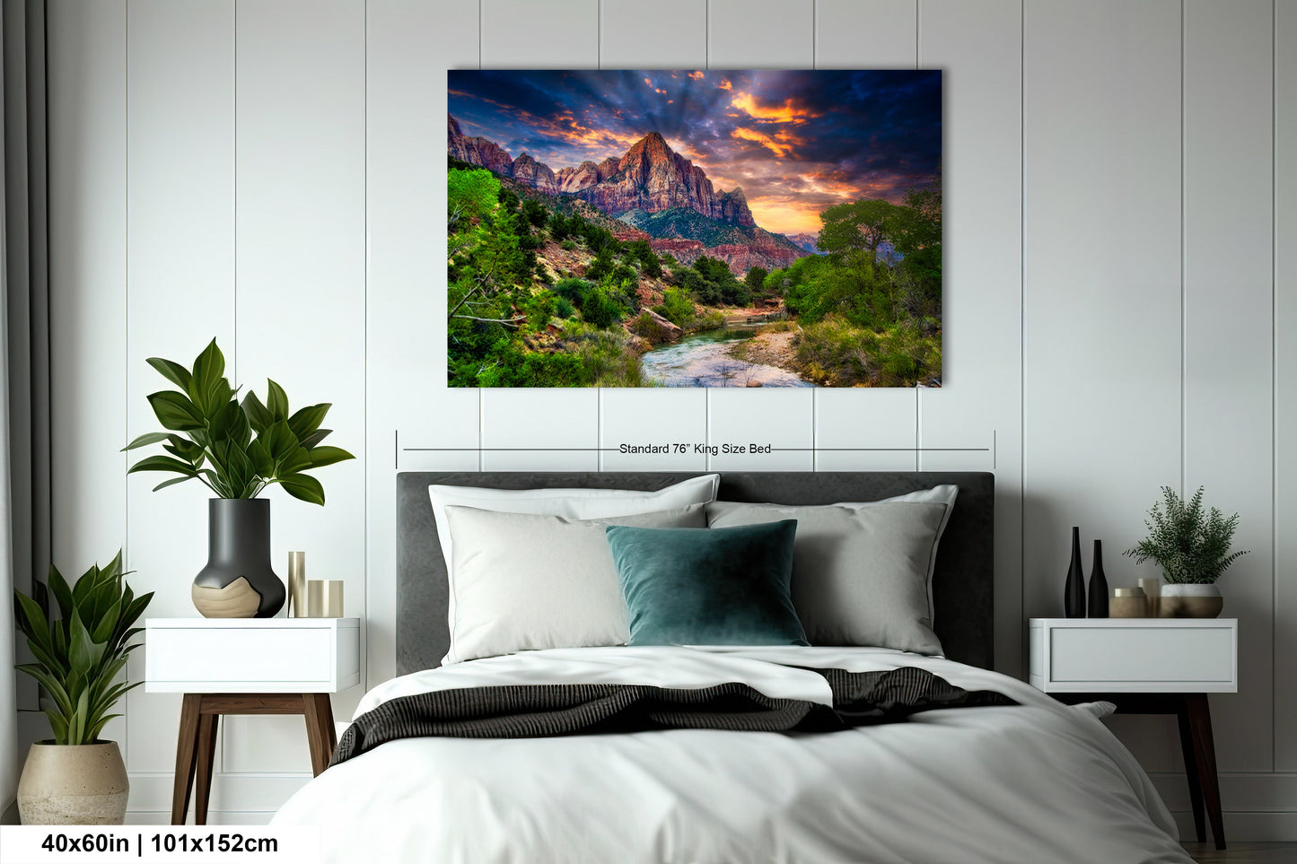 a bedroom with a bed and a painting on the wall