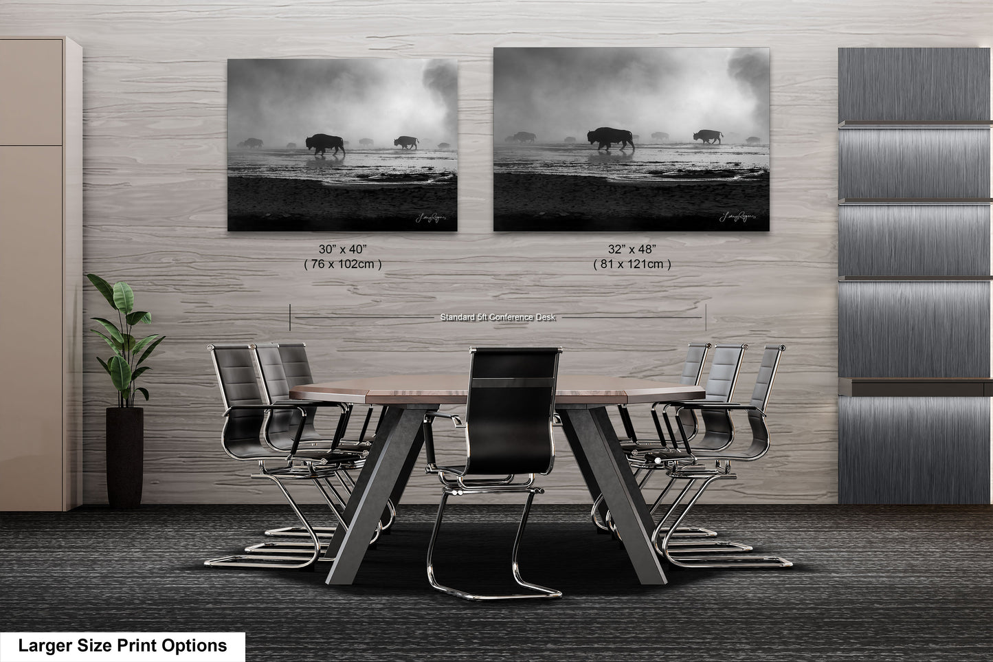 a dining room table with chairs and two pictures on the wall