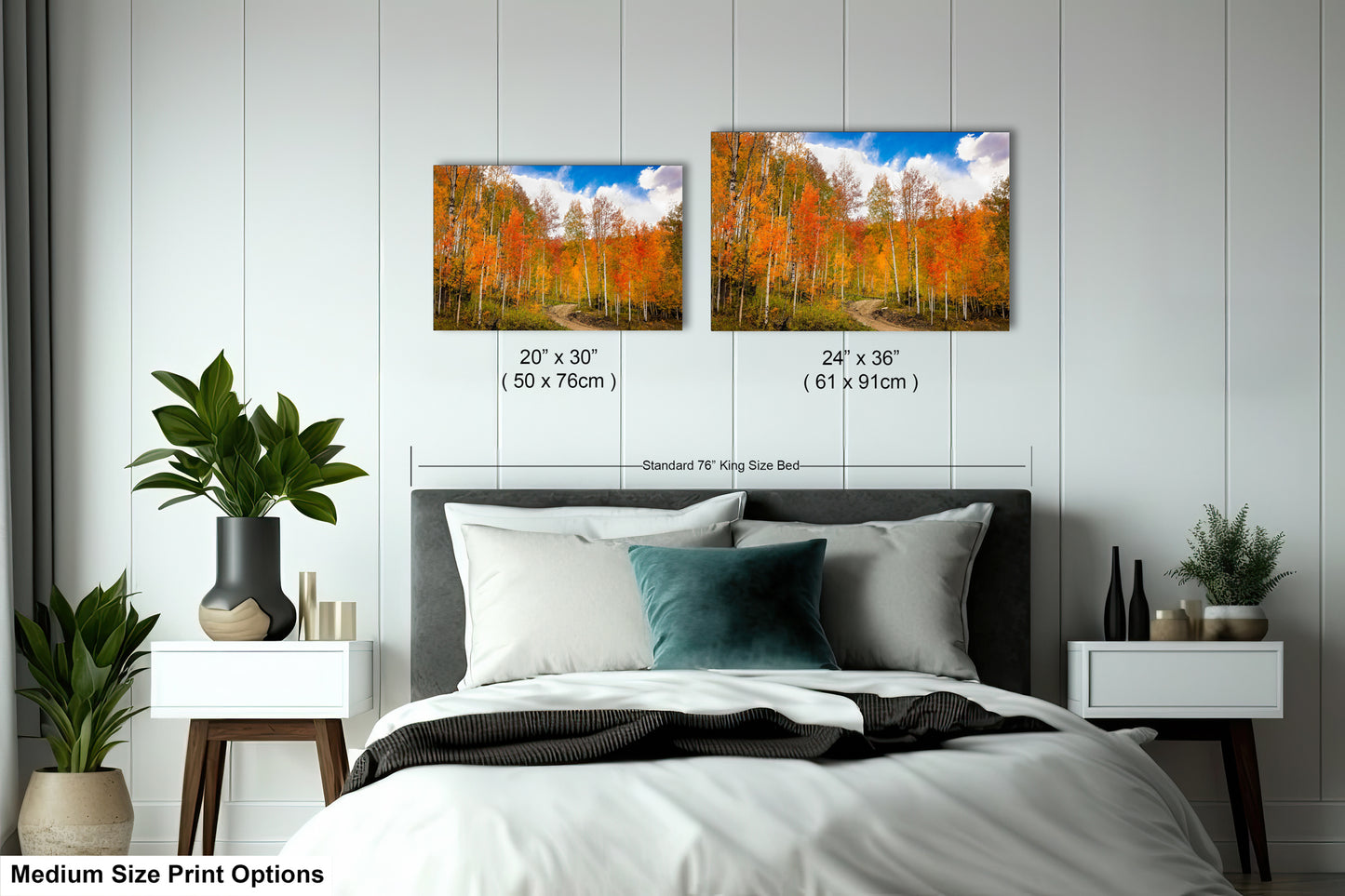 a bed room with a neatly made bed and two pictures on the wall