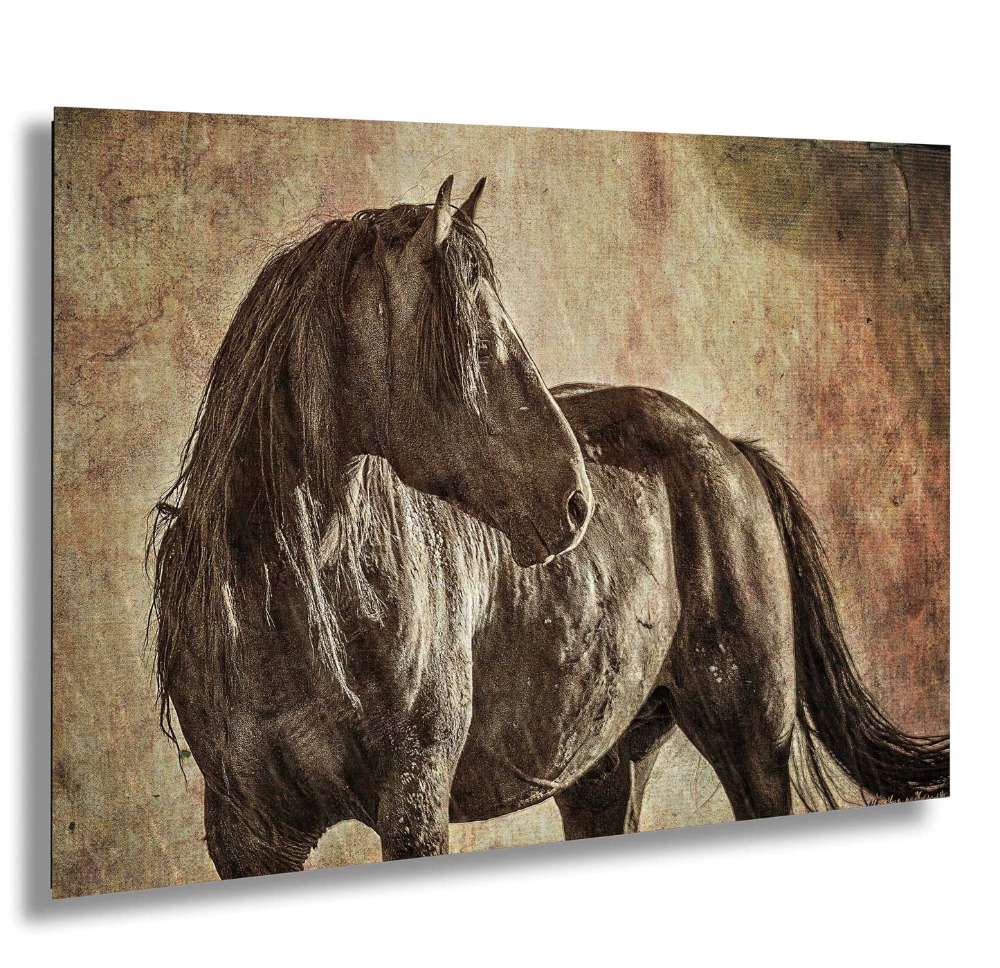 a painting of two horses standing next to each other