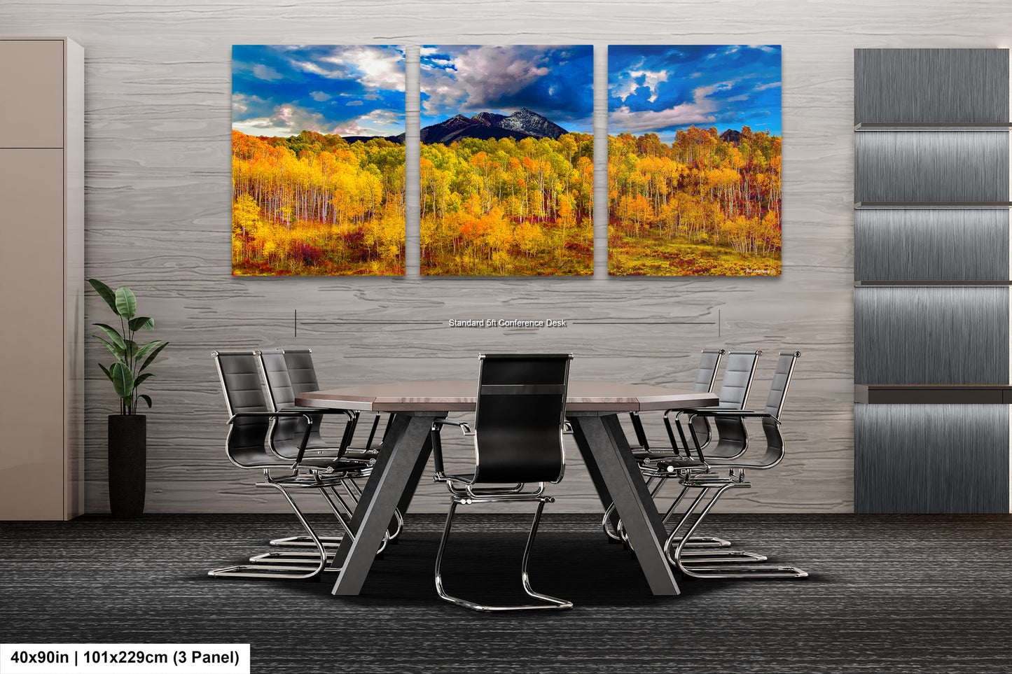 a dining room table with chairs and a painting on the wall