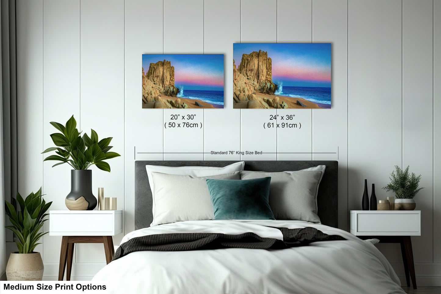 a bedroom with a bed and two pictures on the wall