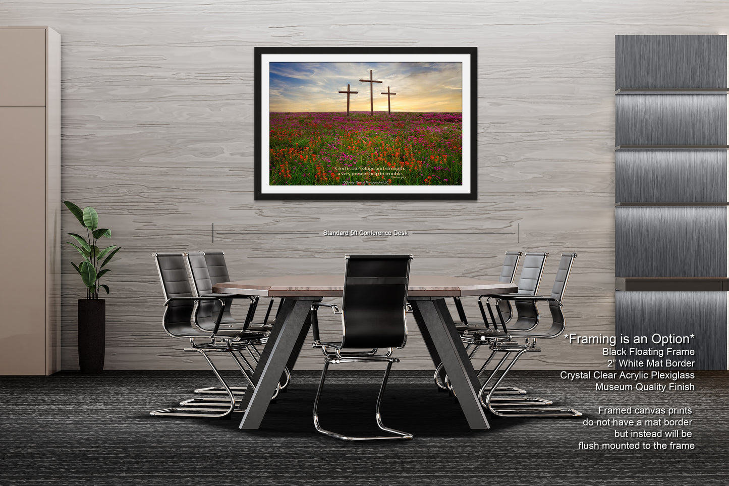 a dining room table with chairs and a picture of a cross