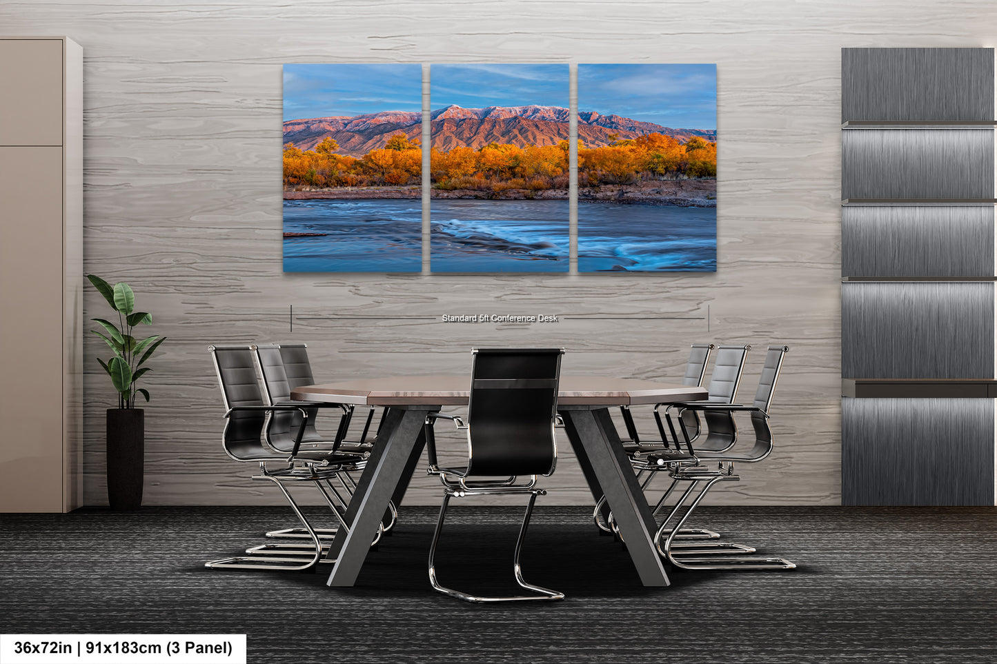 a dining room table with chairs and a painting on the wall