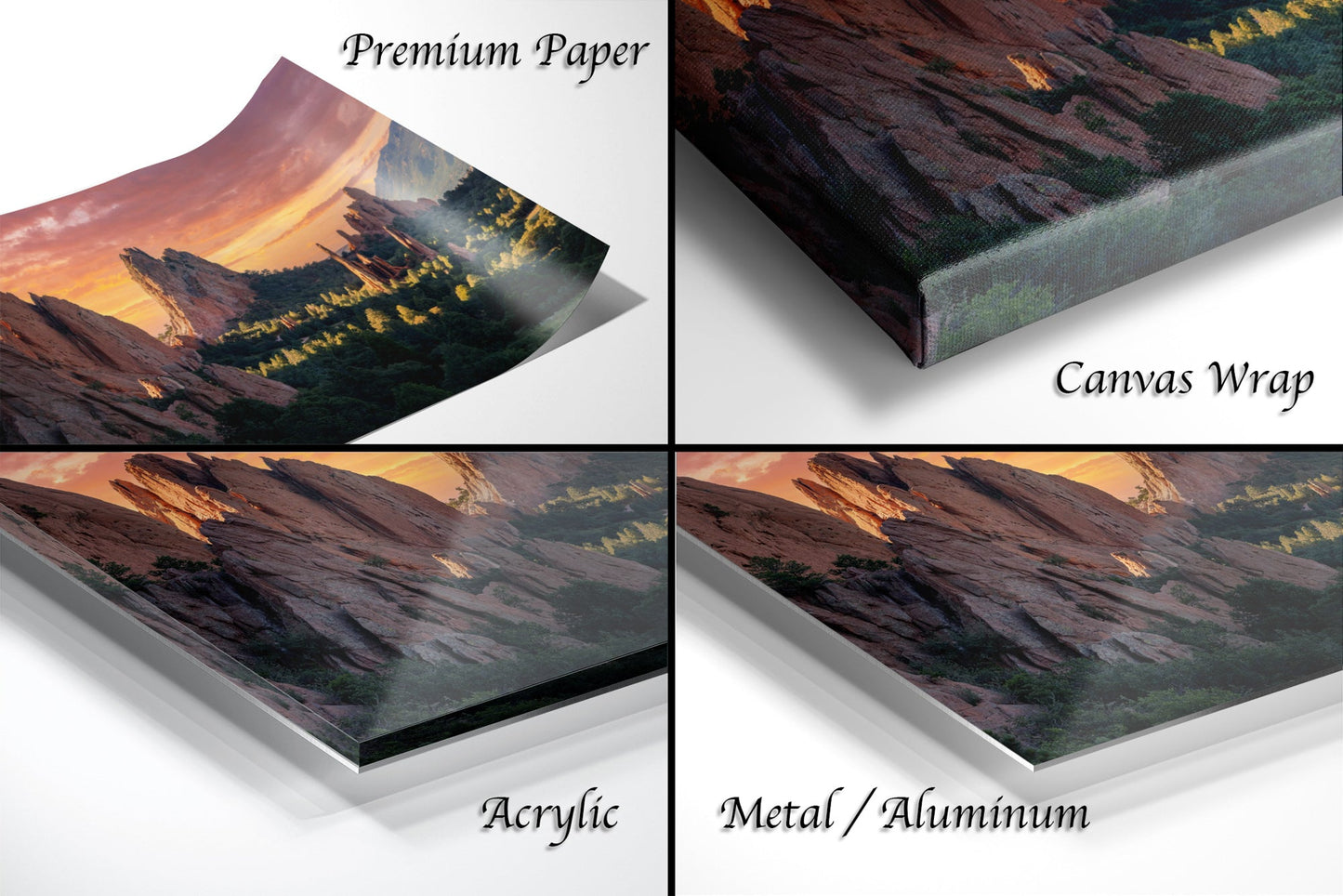 a series of four images of a mountain range