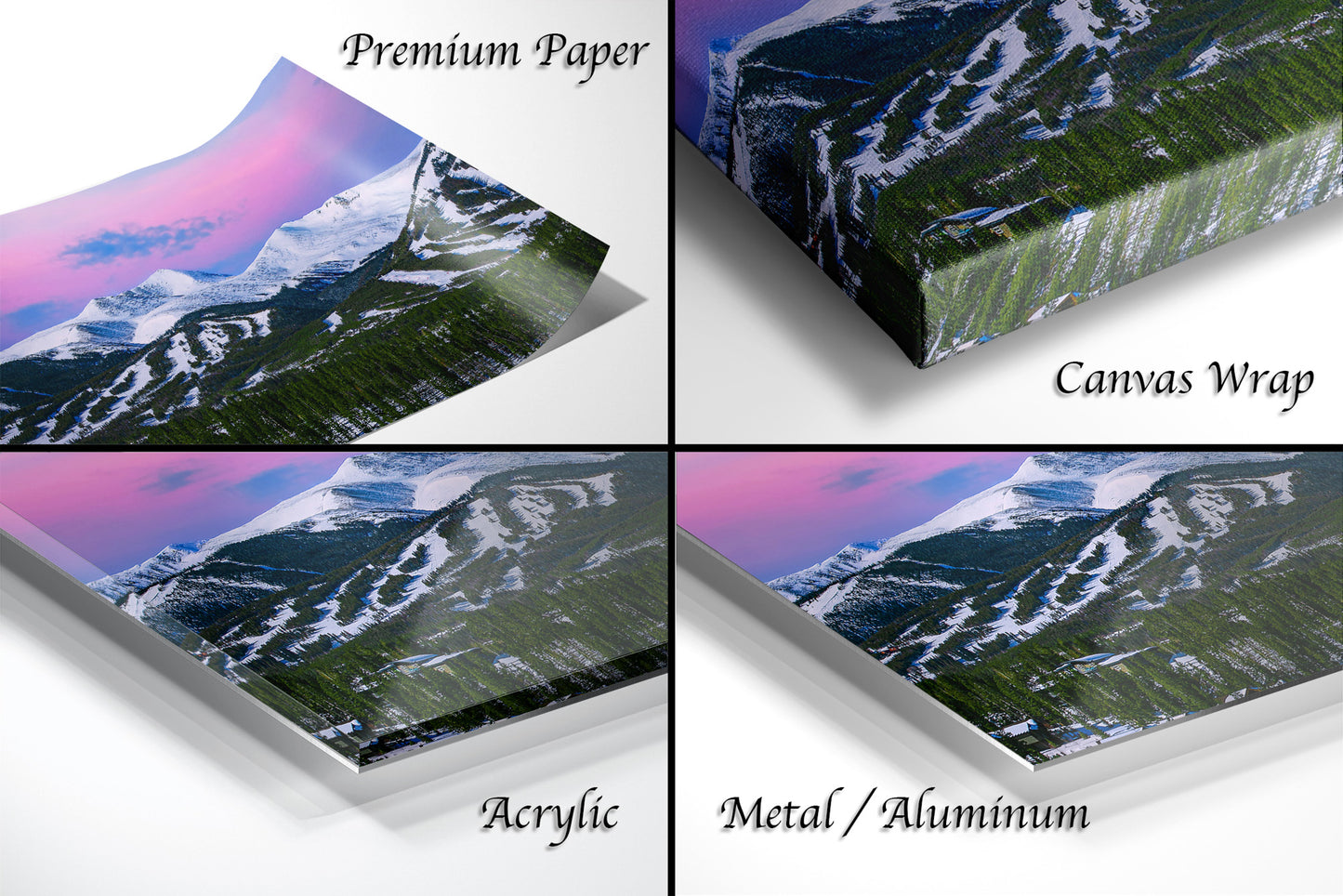 four images of a mountain with snow on it
