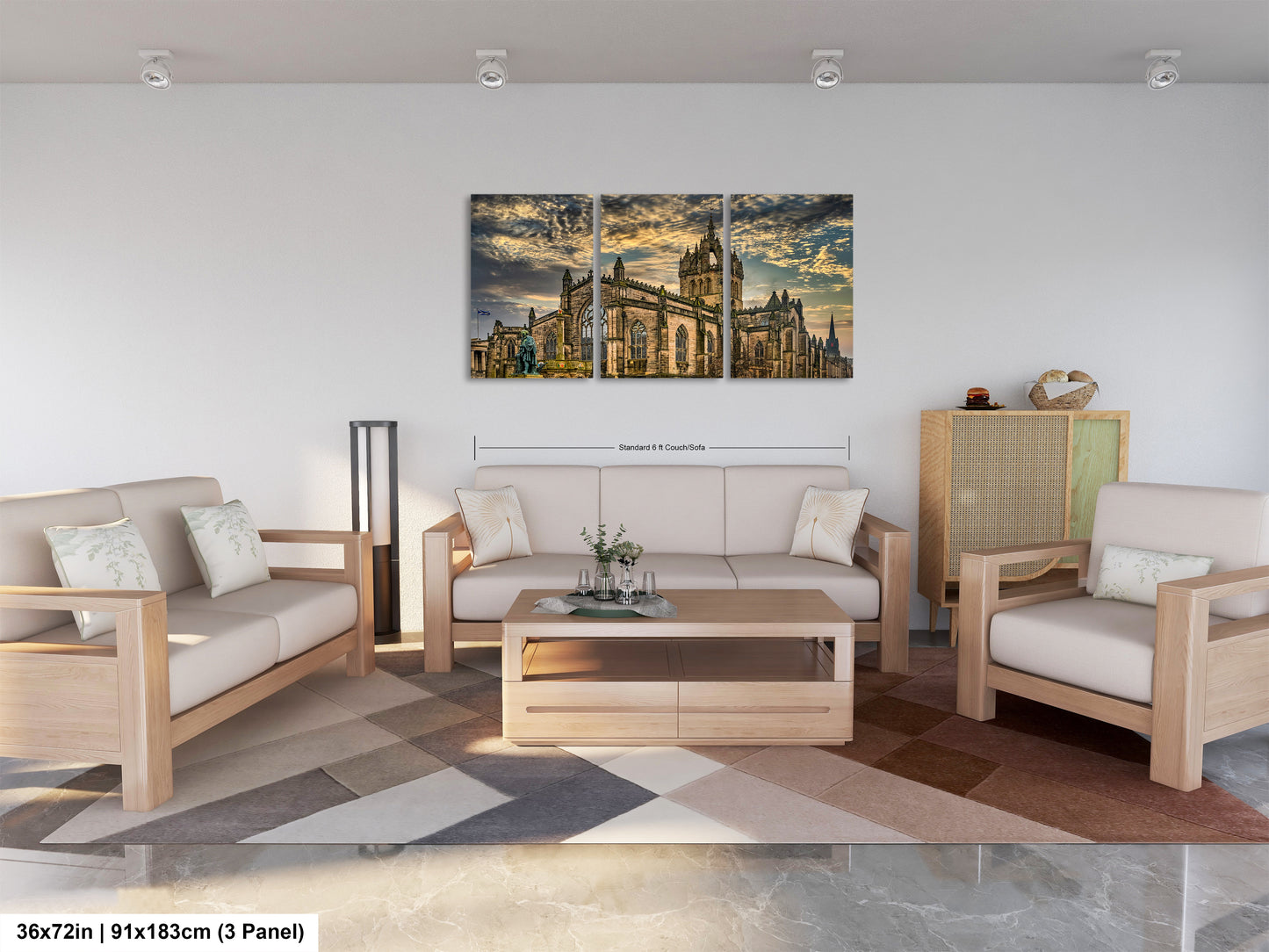 a living room filled with furniture and a painting on the wall