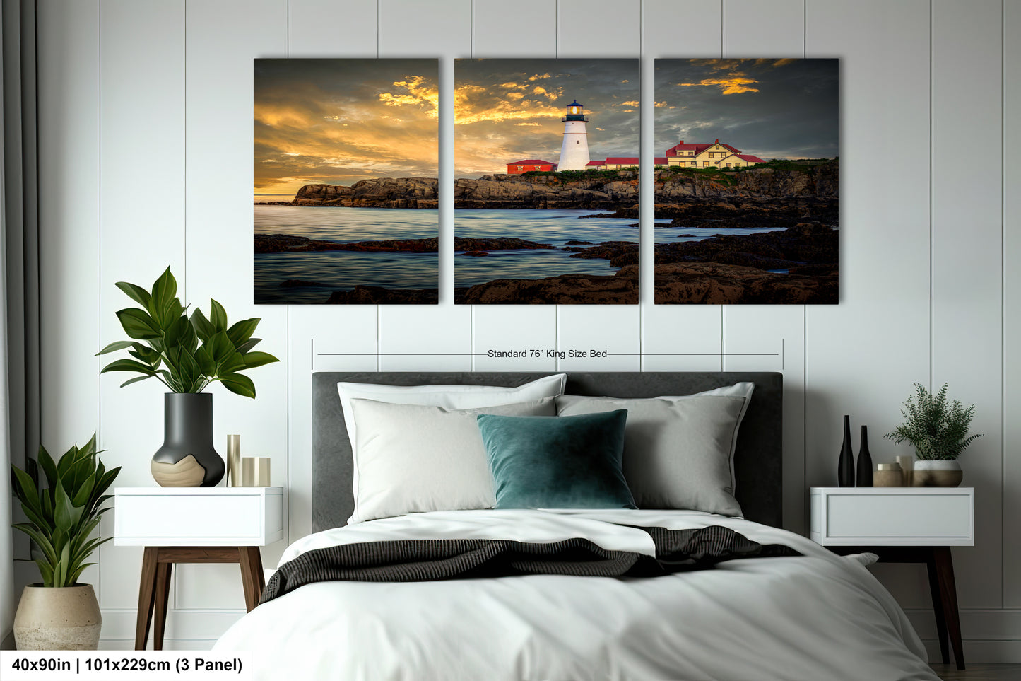a bedroom scene with focus on the bed and the lighthouse