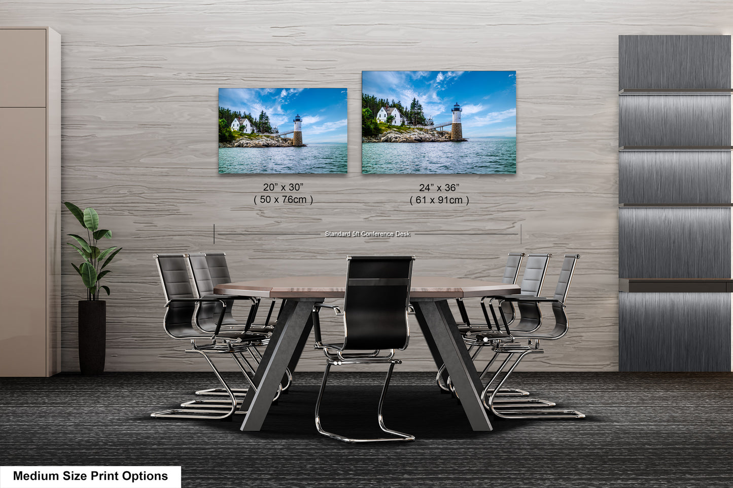 a dining room table with chairs and two pictures on the wall