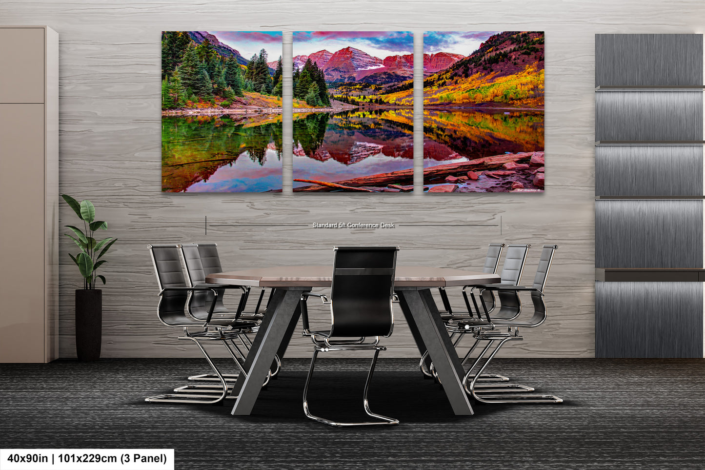 a dining room table with chairs and a painting on the wall