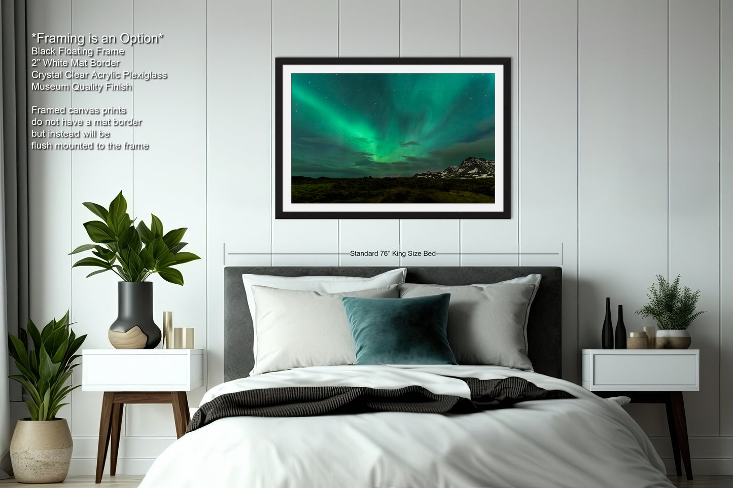 a bedroom with a large bed and a green aurora bore