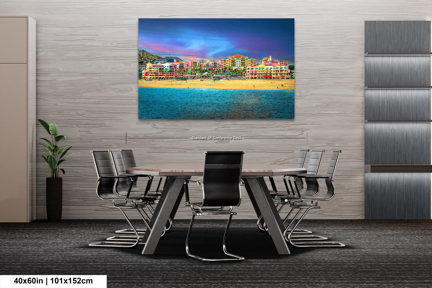 a dining room table with chairs and a painting on the wall