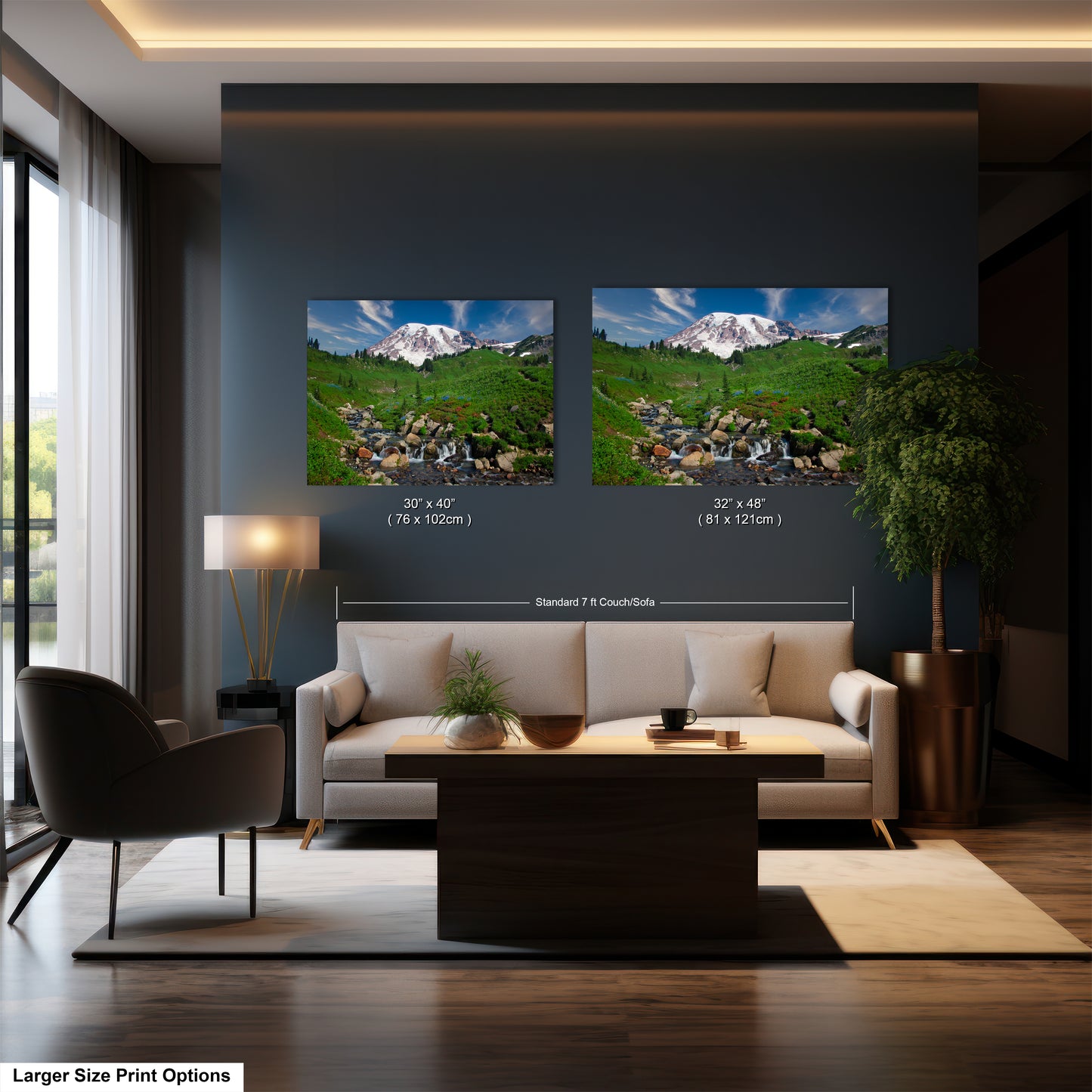 a living room filled with furniture and a painting on the wall