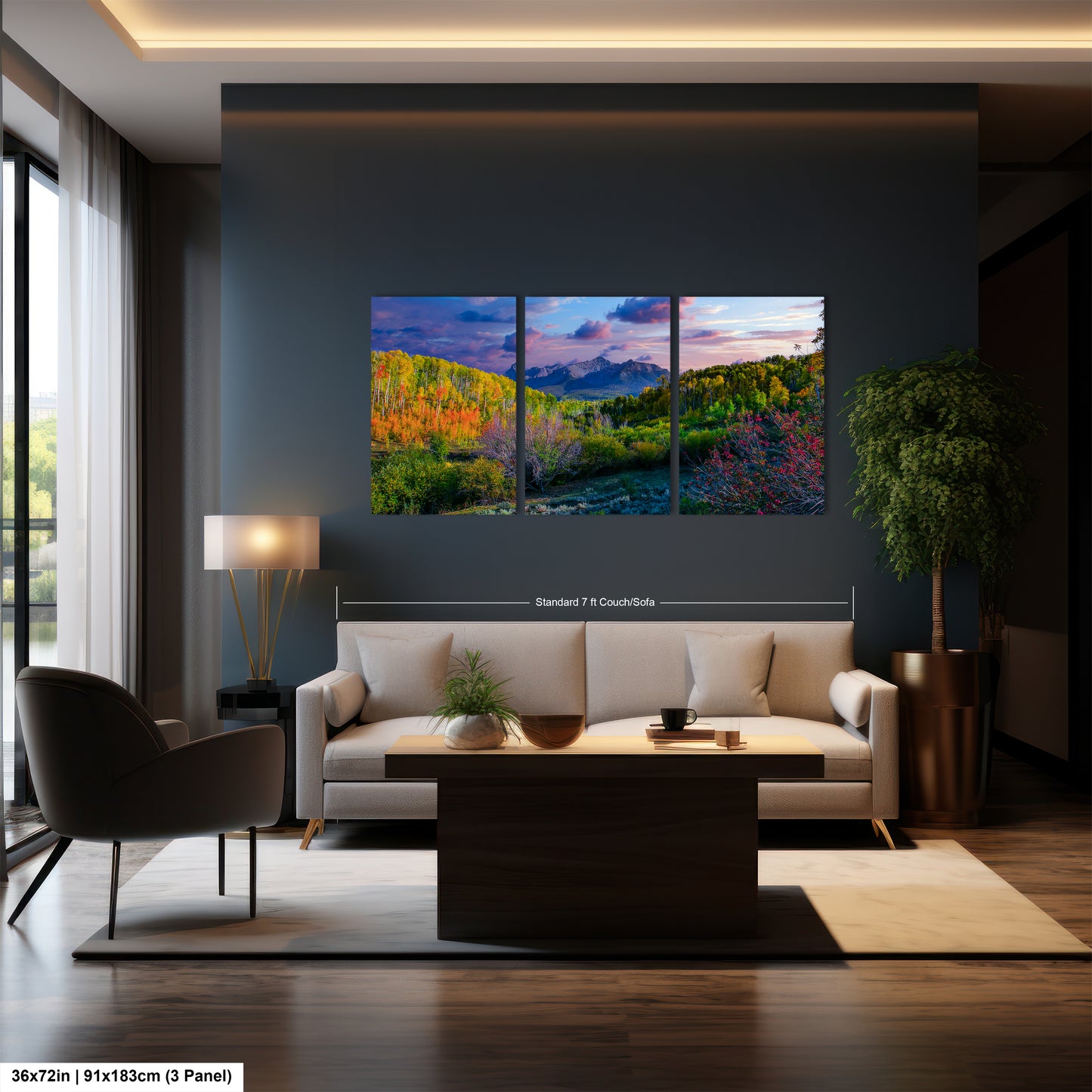 a living room filled with furniture and a painting on the wall