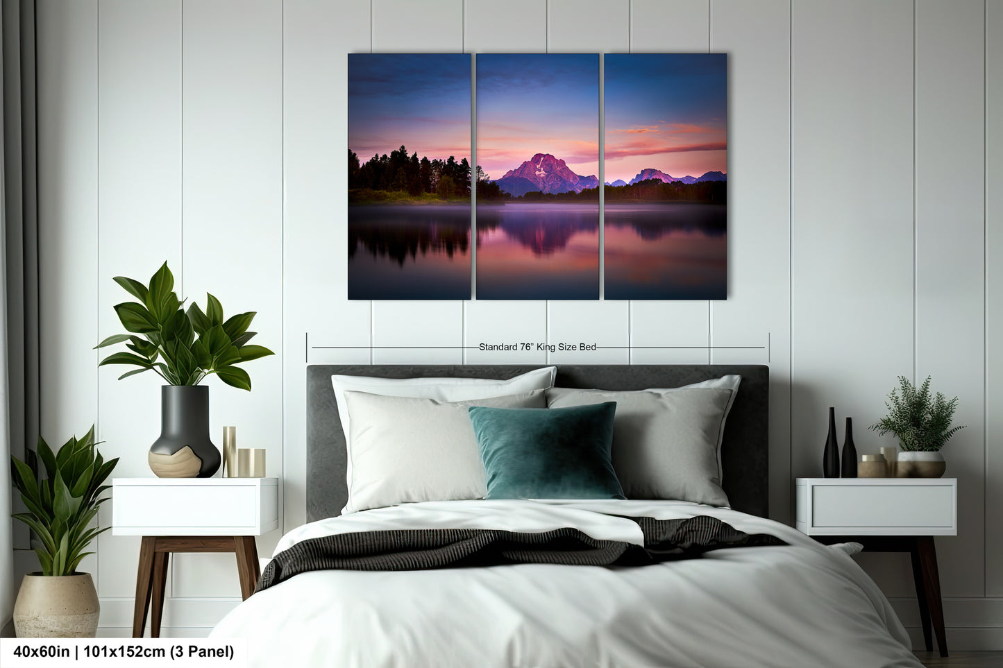 a bedroom scene with a bed and two paintings