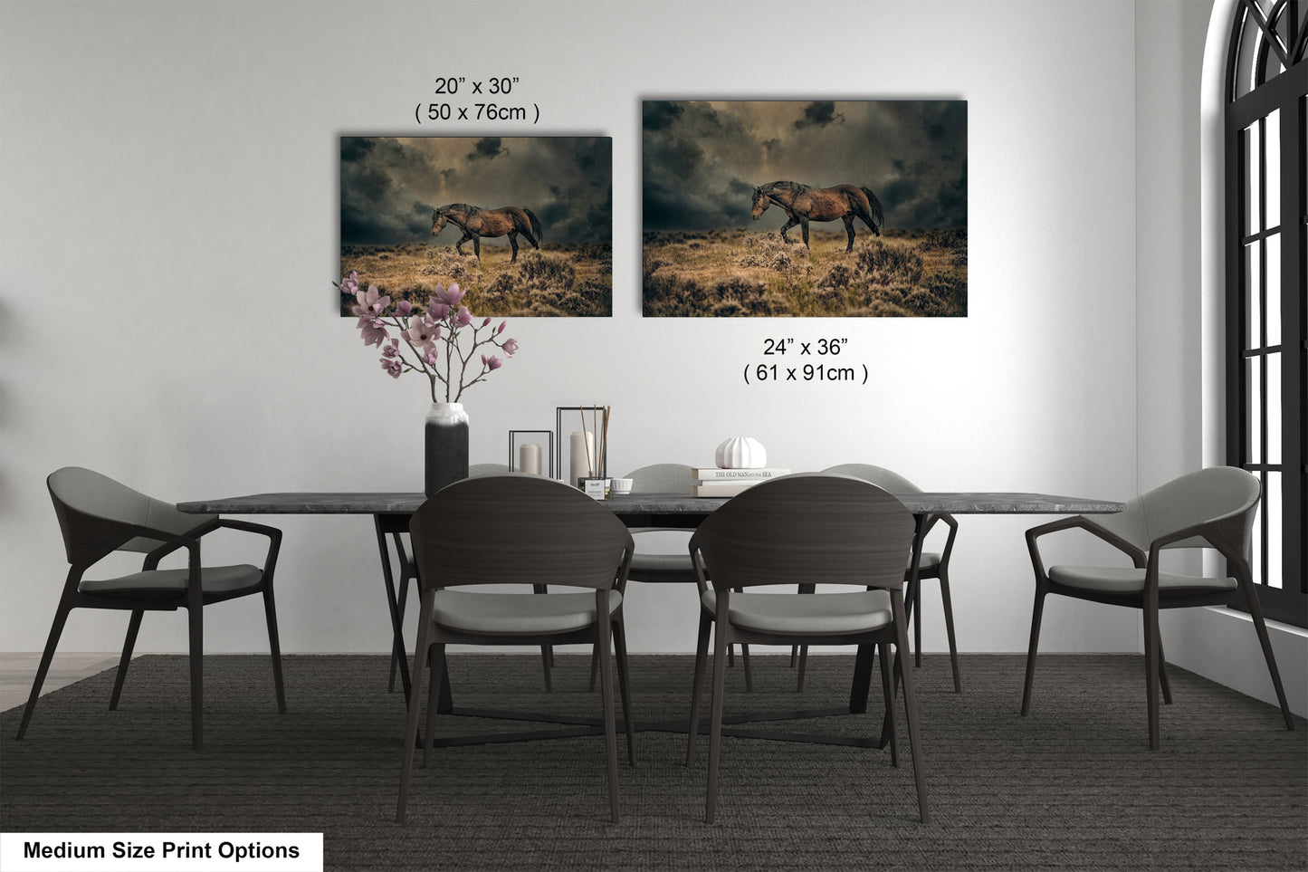 a dining room table with chairs and a vase of flowers