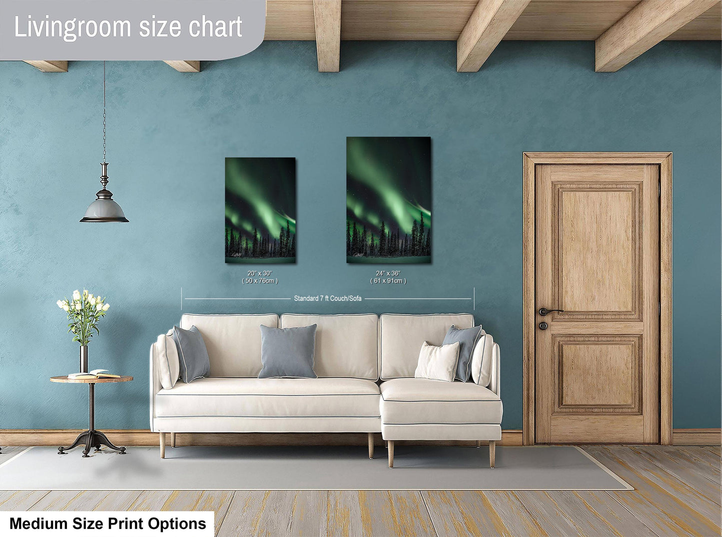 a living room with blue walls and a white couch