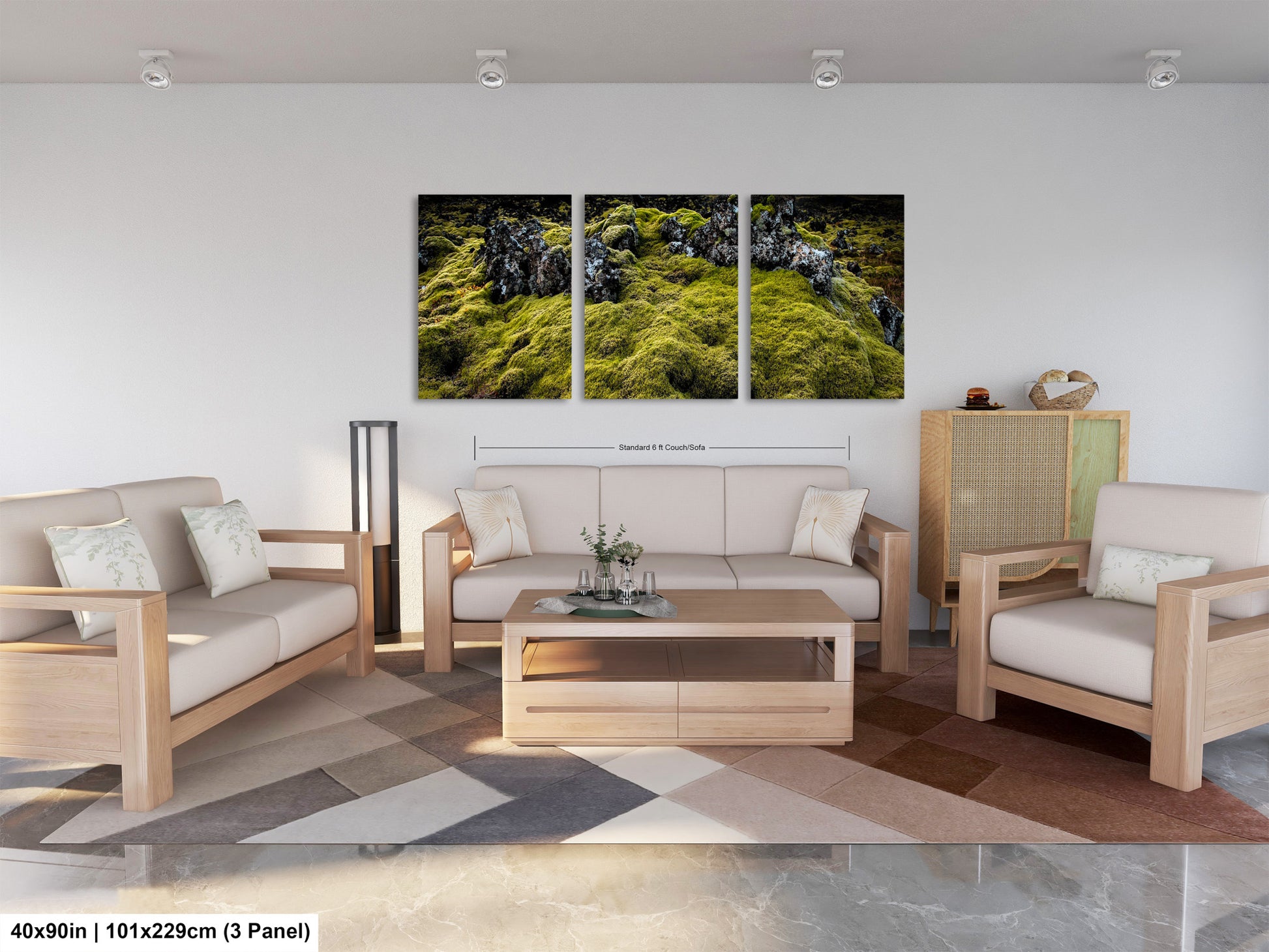 a living room filled with furniture and a painting on the wall