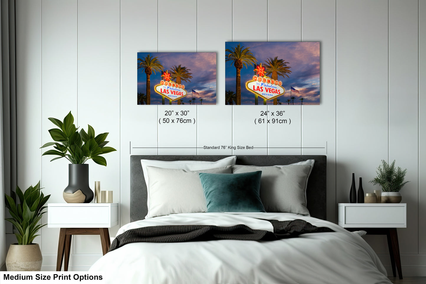 a bed room with a neatly made bed and two pictures on the wall