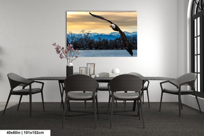 a painting of a bird flying over a table