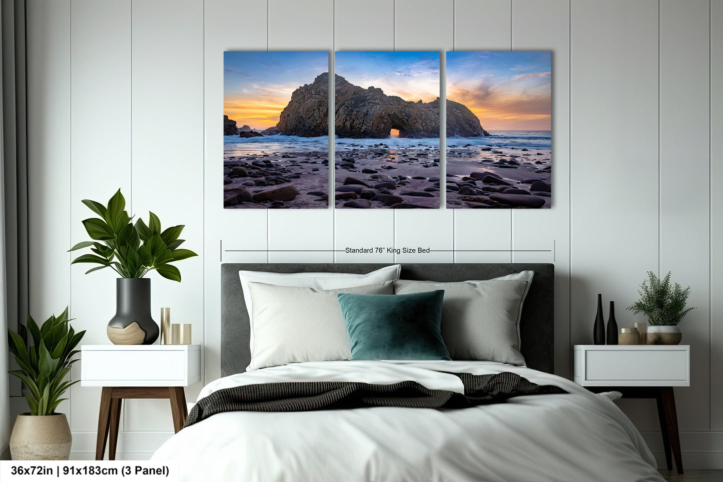 a bedroom with a bed and two paintings on the wall