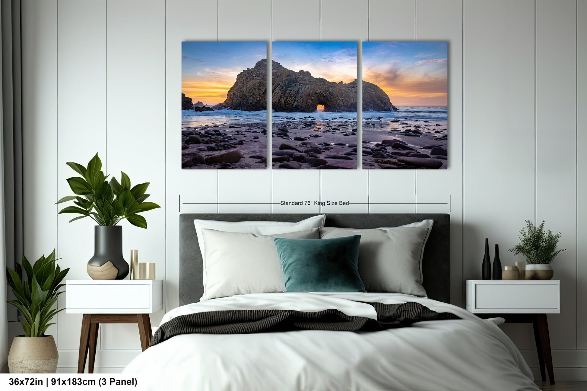 a bedroom with a bed and two paintings on the wall