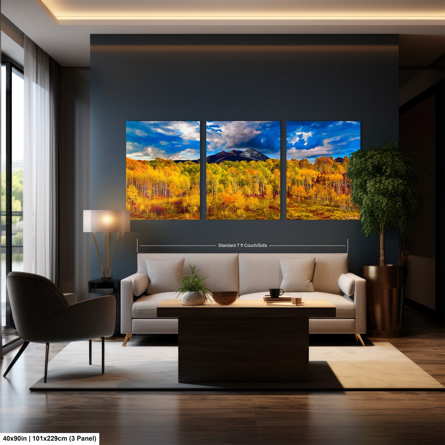 a living room filled with furniture and a painting on the wall